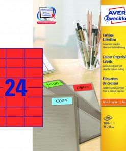 Etikety farebné 70x37mm Avery A4 100 hárkov červené
