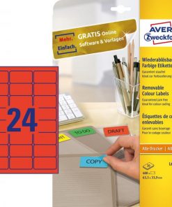Etikety Avery odnímateľné 63,5x33,9 mm, červené