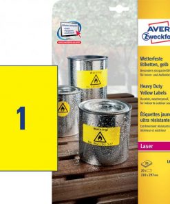 Etikety polyesterové veľmi odolné 210x297mm Avery A4 žlté 20 hárkov