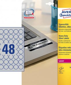 Etikety polyesterové veľmi odolné kruhové priemer 30mm Avery A4 strieborné 20 hárkov