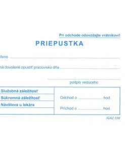 Tlačivo Priepustka A7, 100 listov