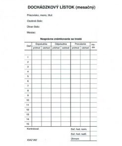 Dochádzkový lístok mesačný (kartón)