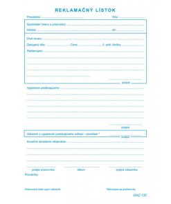 Reklamačný list, samoprepis, A5, 100 listov