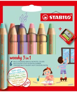 Farbičky STABILO woody 3 in 1 Pastel 6 ks Sada v kartónovom obale so strúhadlom