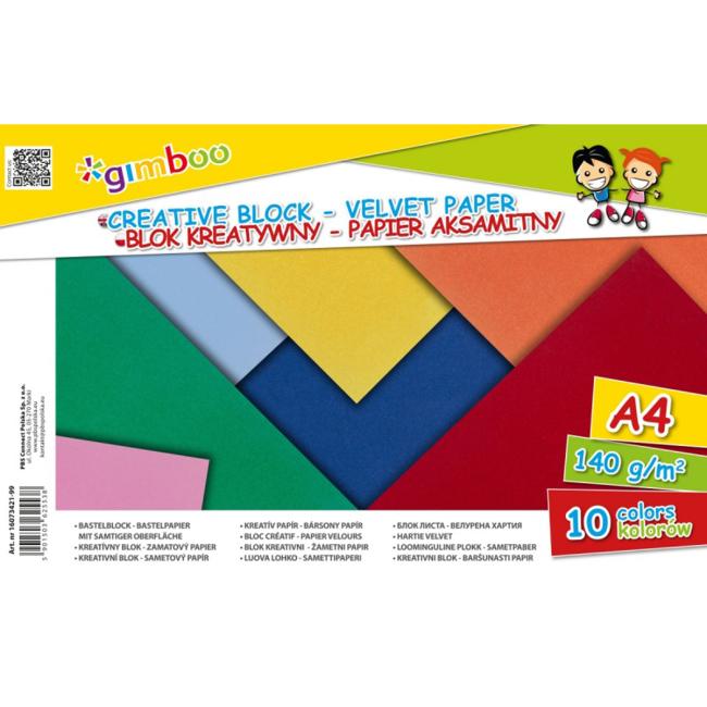 Kreatívny farebný blok GIMBOO A4, zamatový papier, lepený, 10 farieb, 140 GSM - Image 2