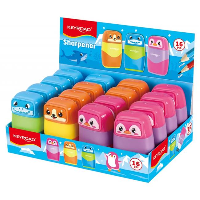 Strúhadlo plastové KEYROAD s 2 otvormi a gumou v kreslenom dizajne, displej 16 ks - Image 2